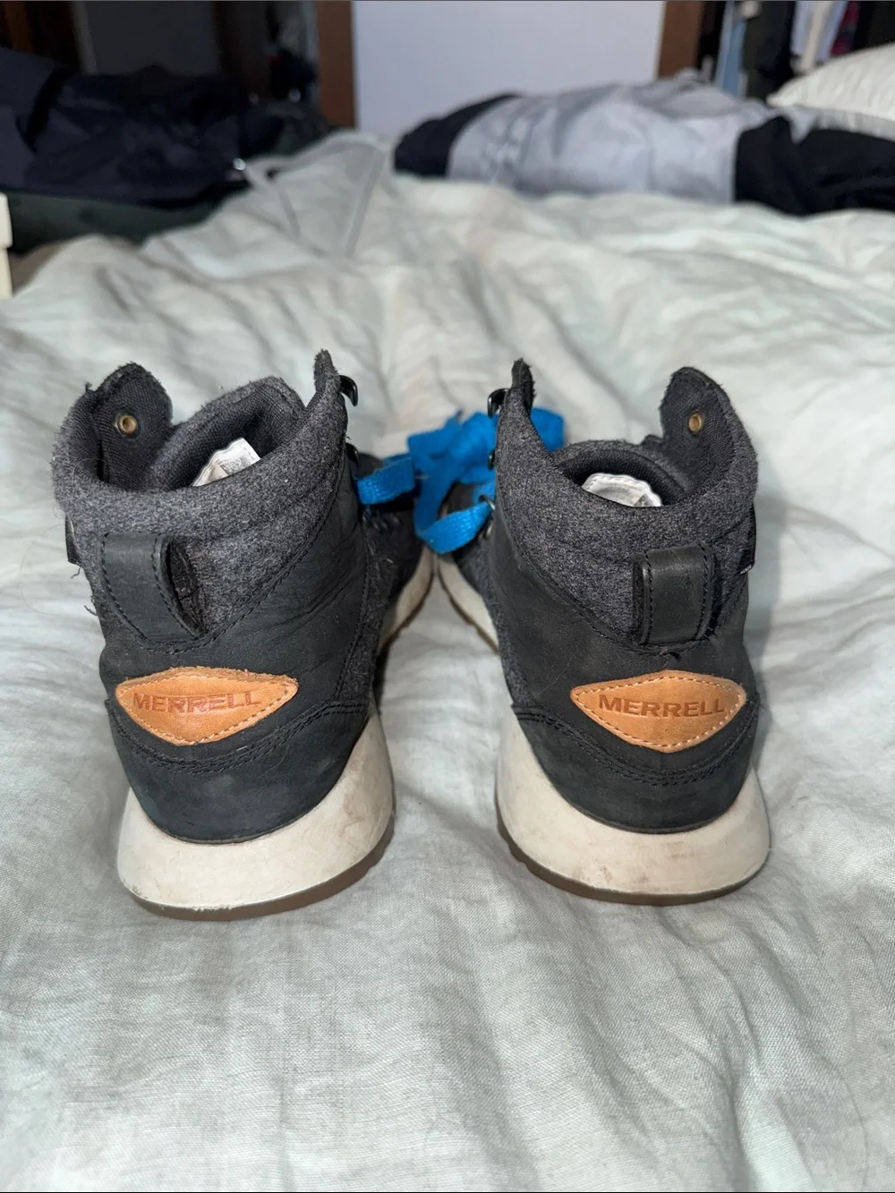 Merrell Black Felt High-Top Boots with Blue Laces